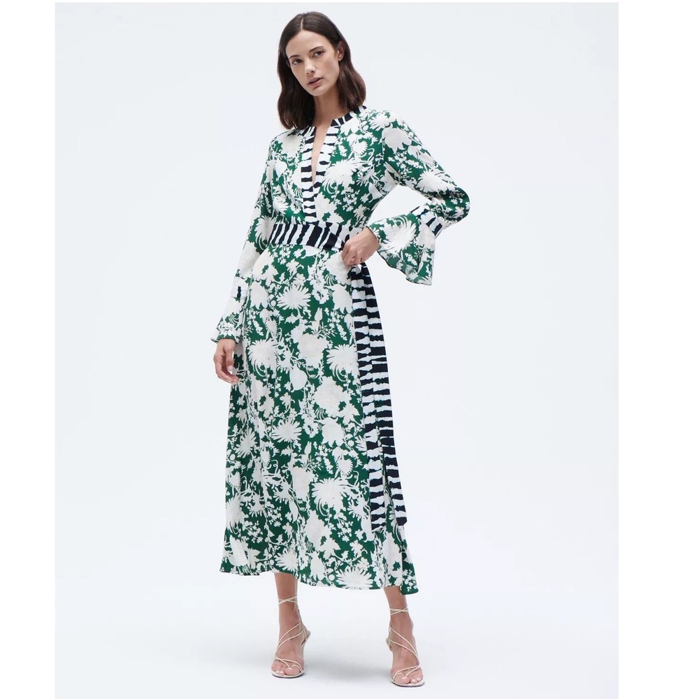 Figue Calliope Wrap Dress Green White Floral Striped V-Neck Bell Cuff Maxi